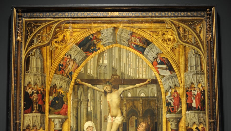 1450: La Crucifixión, tabla central del Tríptico de la Redención. Maestro de la Redención del Prado. Óleo sobre tabla de roble. Museo Nacional del Prado.